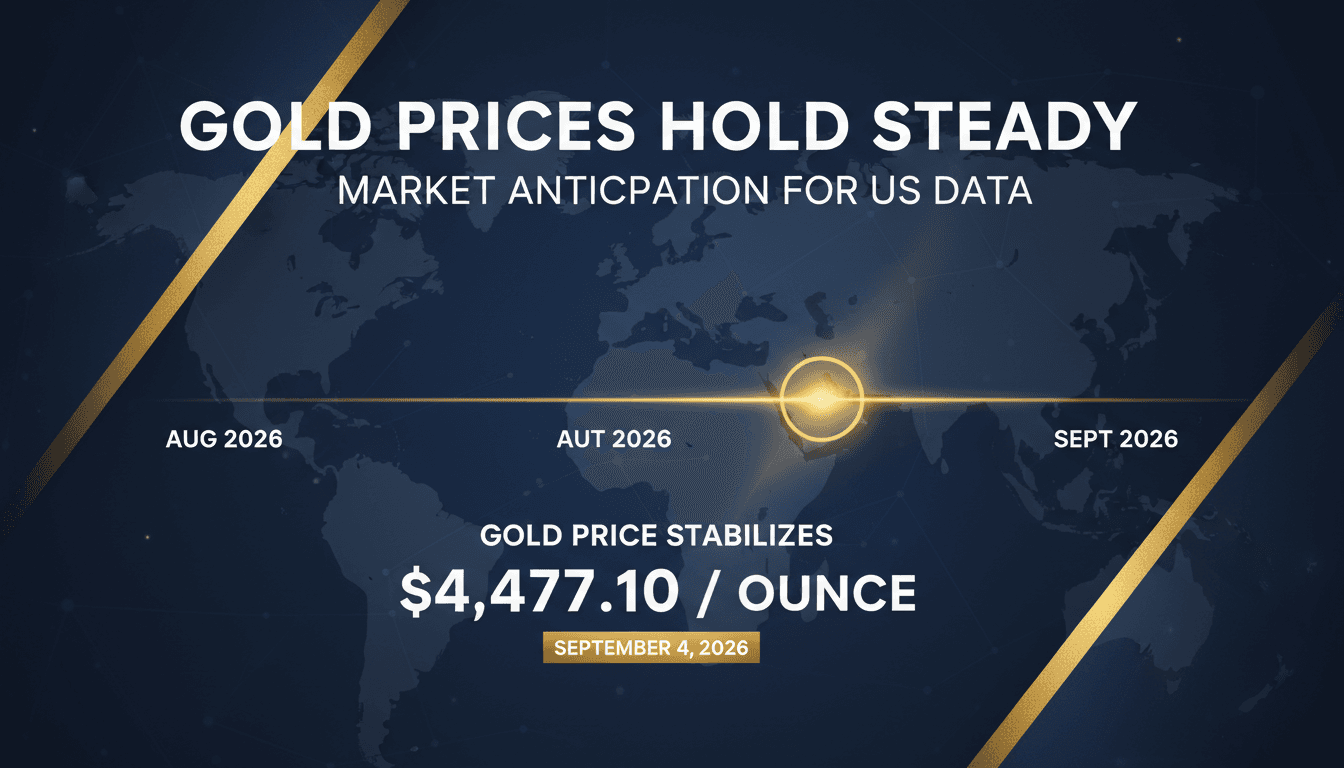 A visual representation of gold prices stabilizing at $4,477.10 per ounce, highlighting market trends.