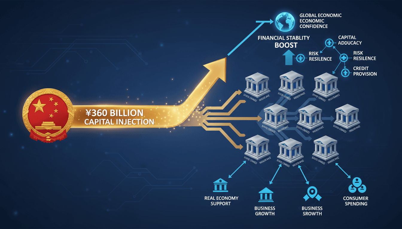 Infographic showing China's $54 billion capital injection into state-owned banks and insurers, highlighting key institutions and impacts.