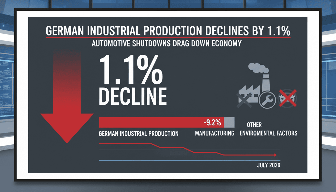 Infographic illustrating the 1.1% decline in German industrial production and its impact on the automotive sector.