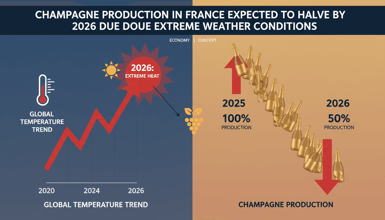 Infographic showing projected Champagne production decline and rising temperatures in France.