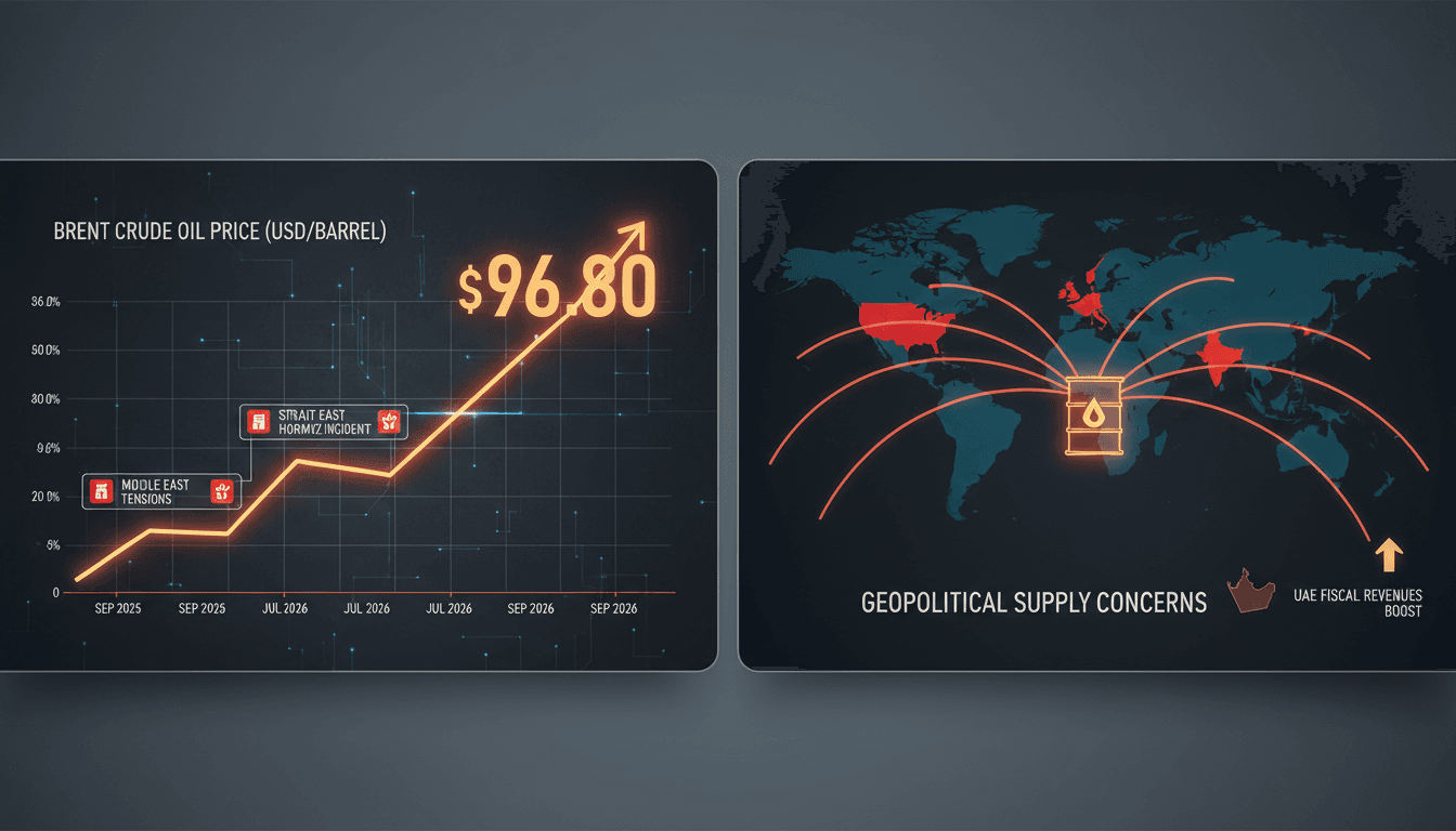 A chart showing the rise of Brent crude oil prices alongside geopolitical events affecting the market.