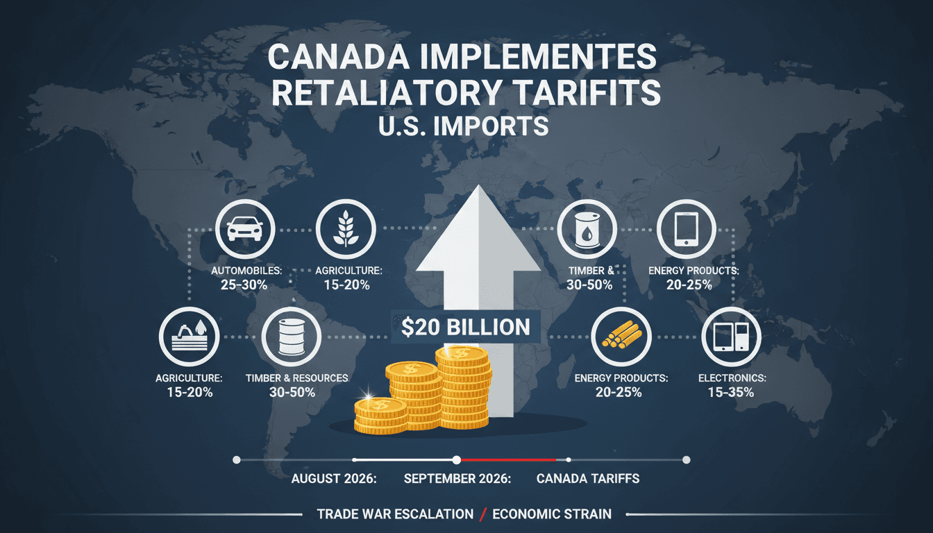Infographic illustrating Canada's $20 billion tariffs on U.S. goods and affected products.