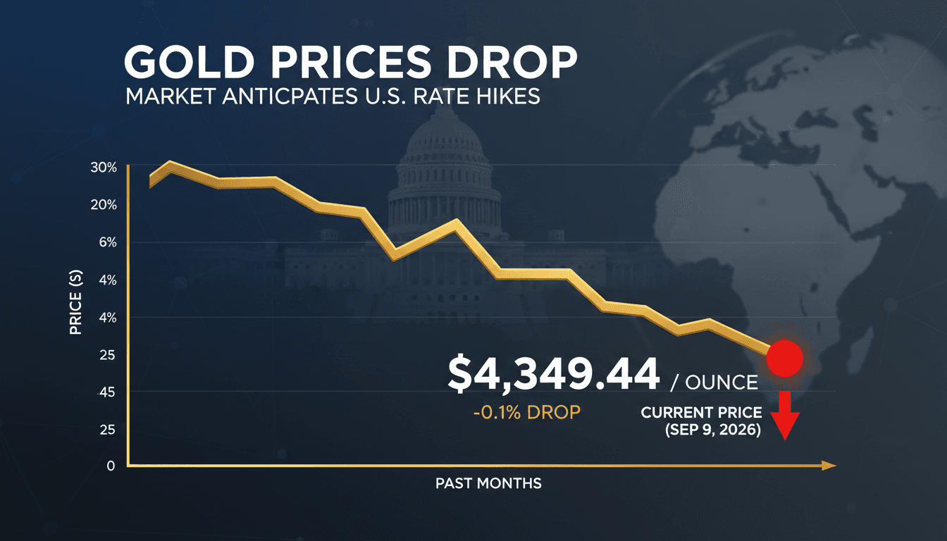 A chart showing the decline in gold prices, with the current price of $4,349.44 per ounce highlighted.