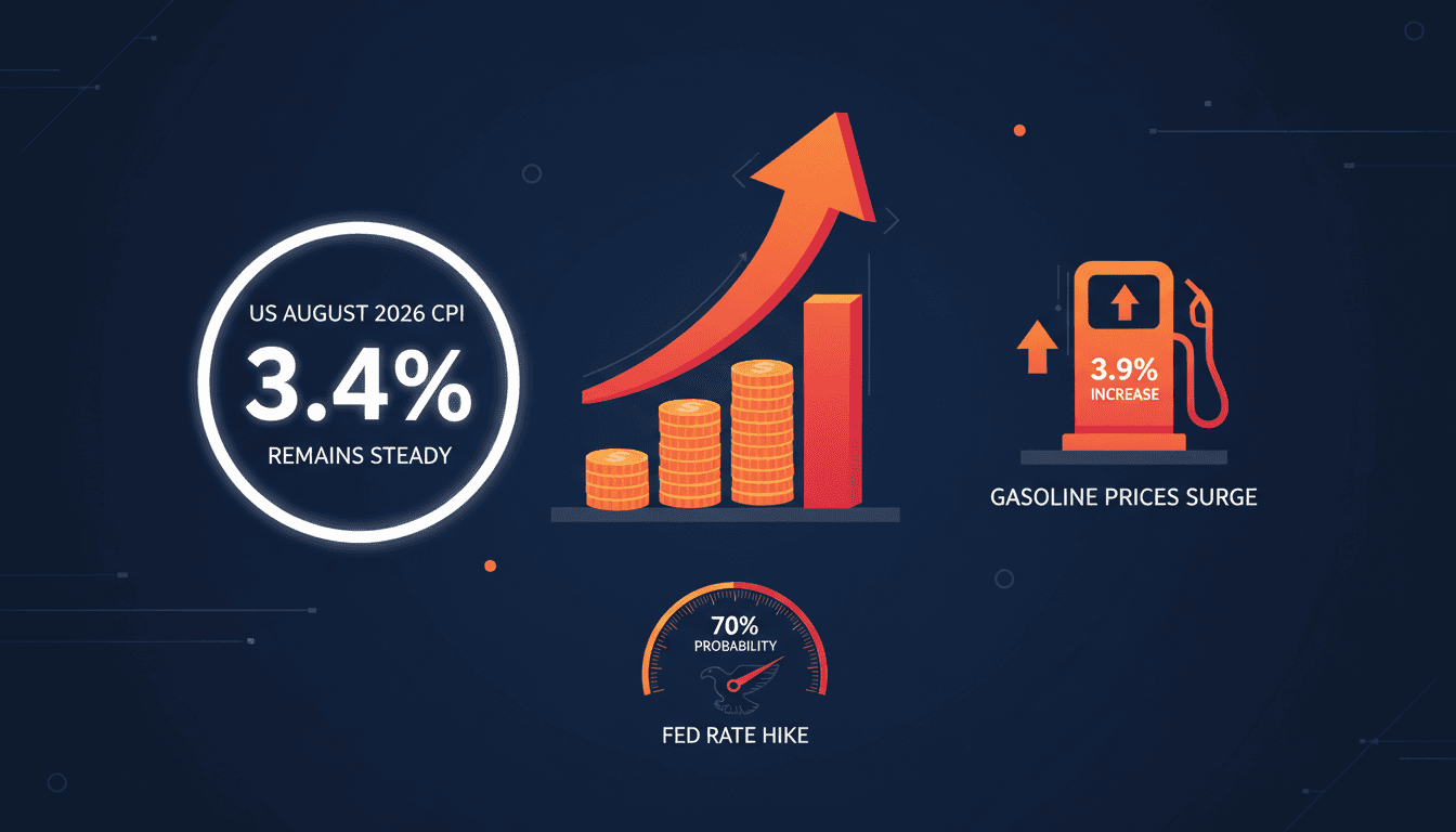 Infographic showing the 3.4% CPI rate, rising gasoline prices, and Fed rate hike probabilities.