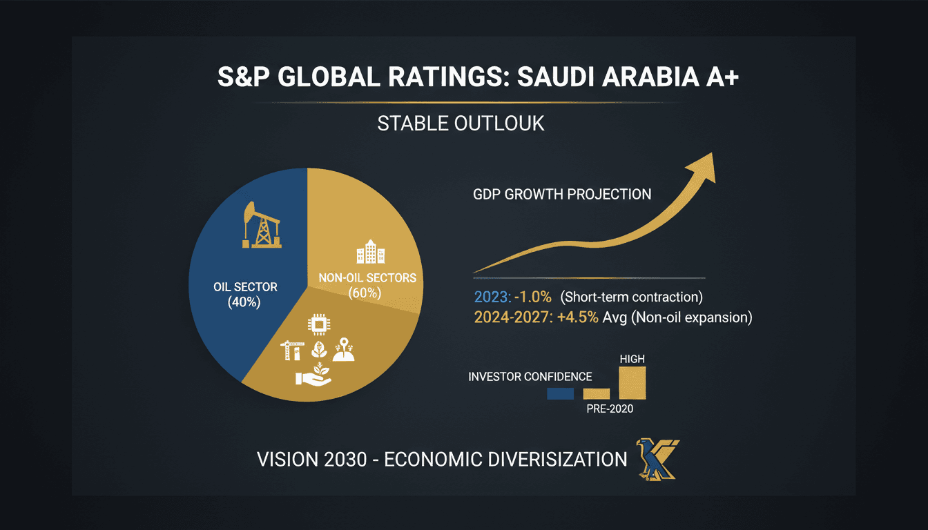 Infographic showing Saudi Arabia's GDP composition and growth projections, highlighting the A+ credit rating.