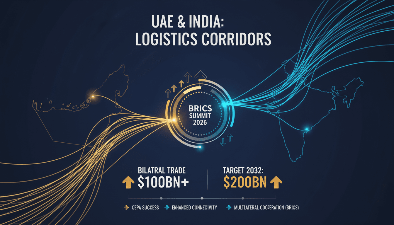Infographic illustrating the growth of UAE-India trade and logistics corridors.
