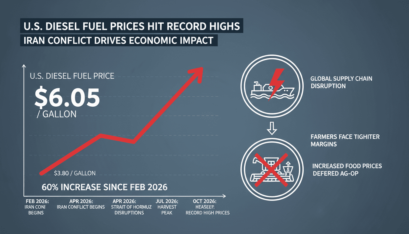 A graph illustrating the surge in U.S. diesel prices due to the Iran conflict and its impact on agriculture.