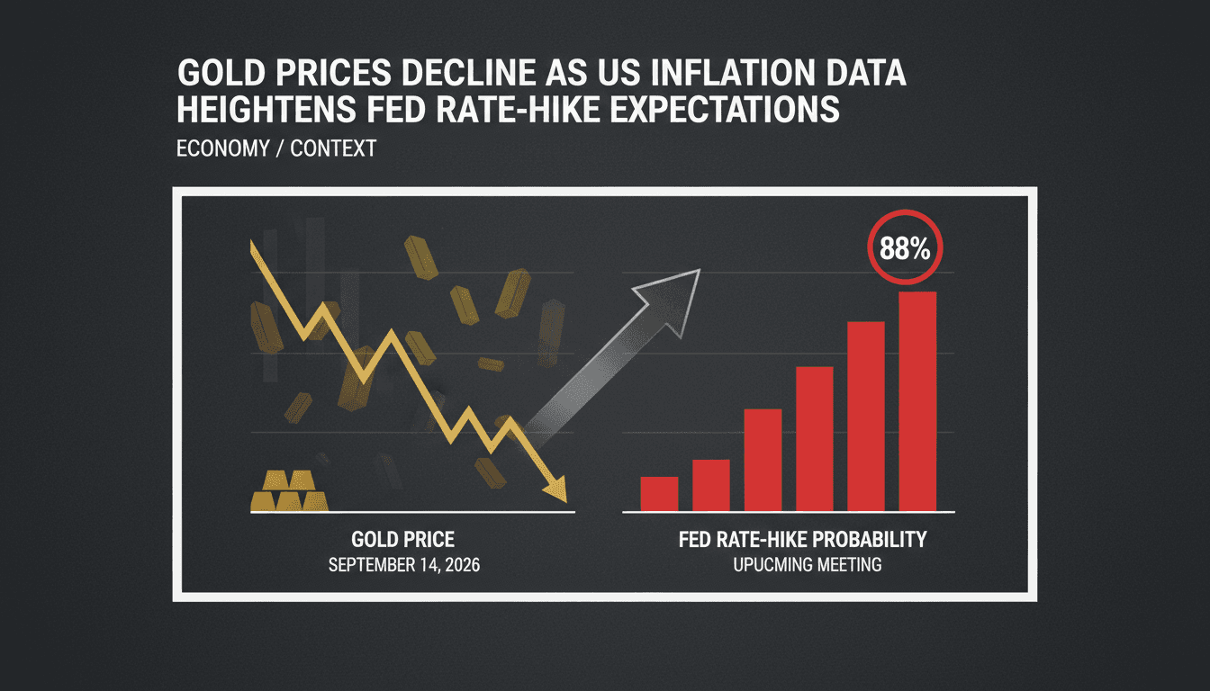 A chart depicting the decline in gold prices alongside rising Federal Reserve rate hike probabilities.