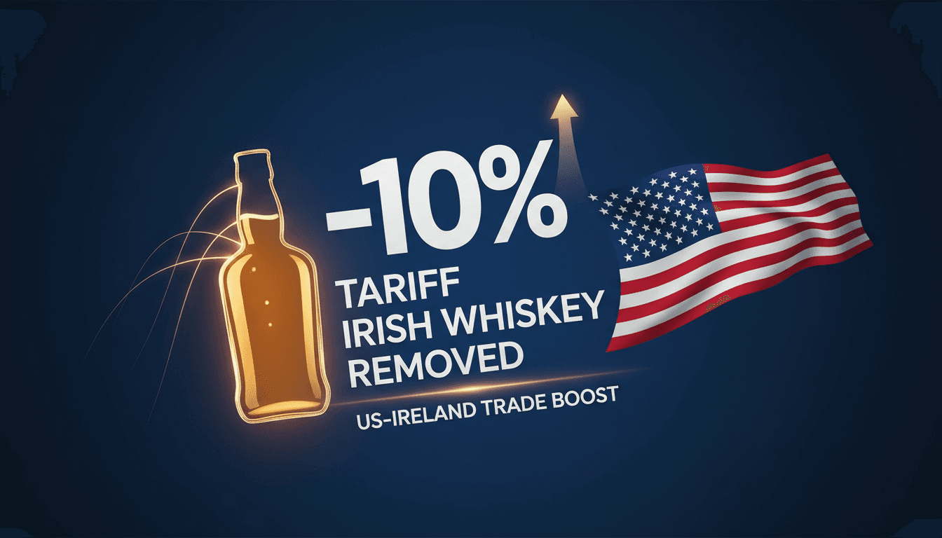 A visual representation of the 10% tariff reduction on Irish whiskey, featuring whiskey bottles and the U.S. flag.