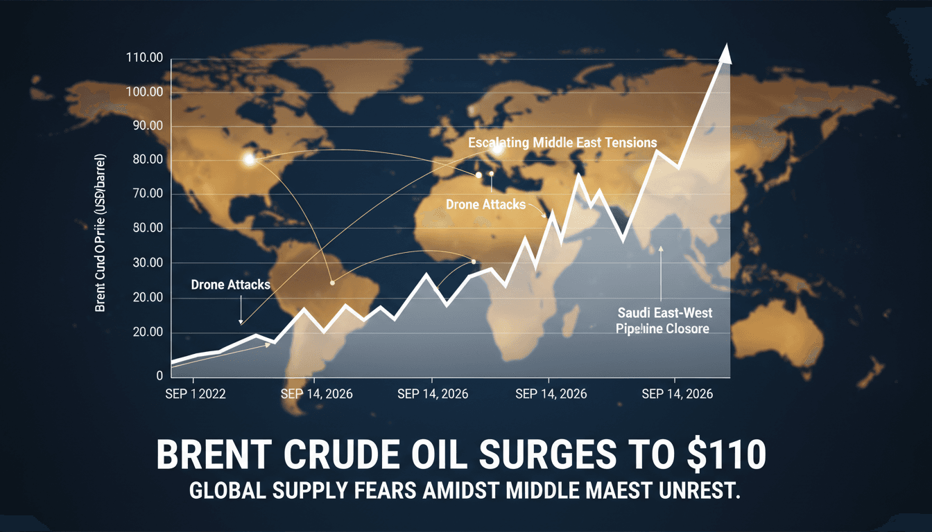 A chart showing the surge in Brent crude oil prices to 110 USD per barrel amid geopolitical tensions.
