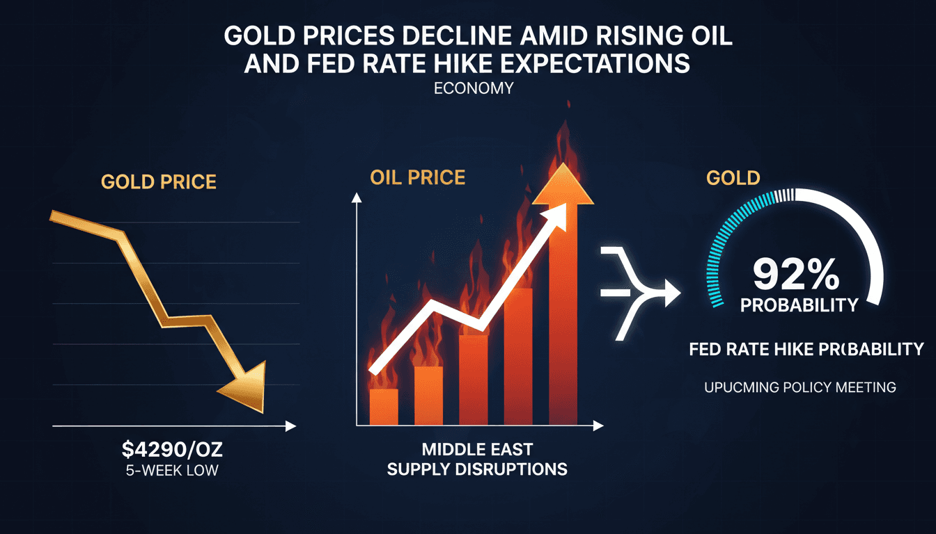 A chart depicting the decline in gold prices alongside rising oil prices and Fed rate hike probabilities.