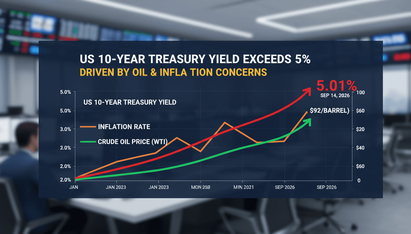 A graph illustrating the rise of the US 10-year Treasury yield above 5%, highlighting inflation and oil price trends.