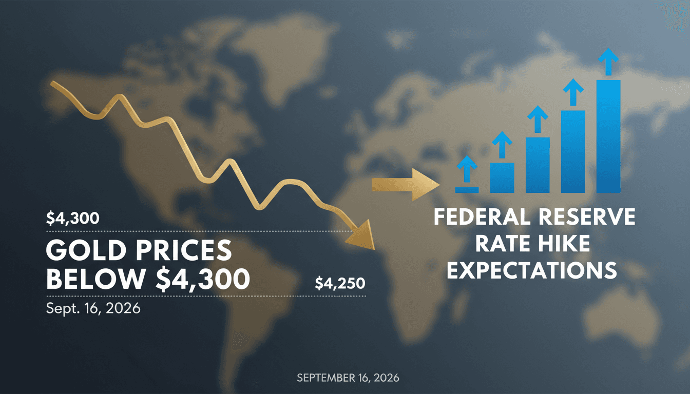 A chart depicting gold price stabilization below $4,300 per ounce amid Federal Reserve rate hike expectations.