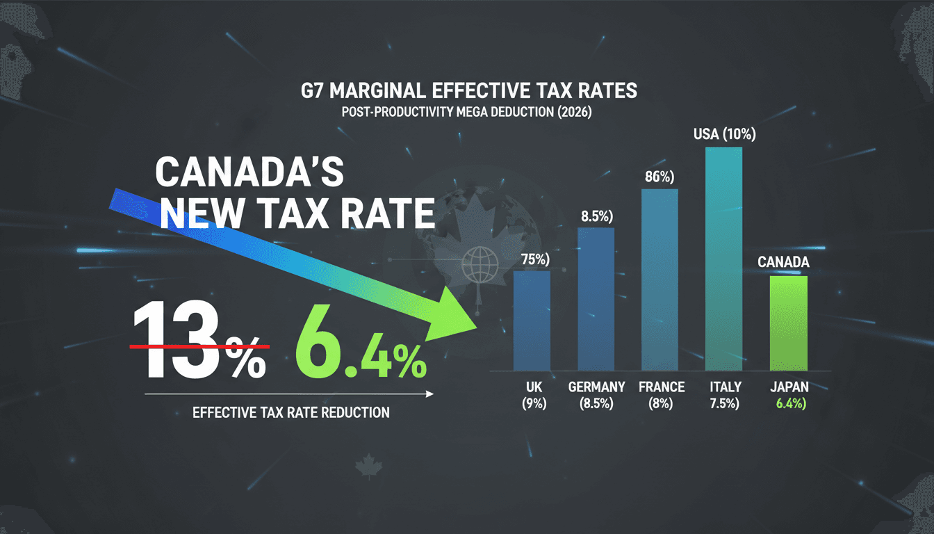 Infographic showing Canada's new Productivity Mega Deduction and its impact on capital assets and tax rates.