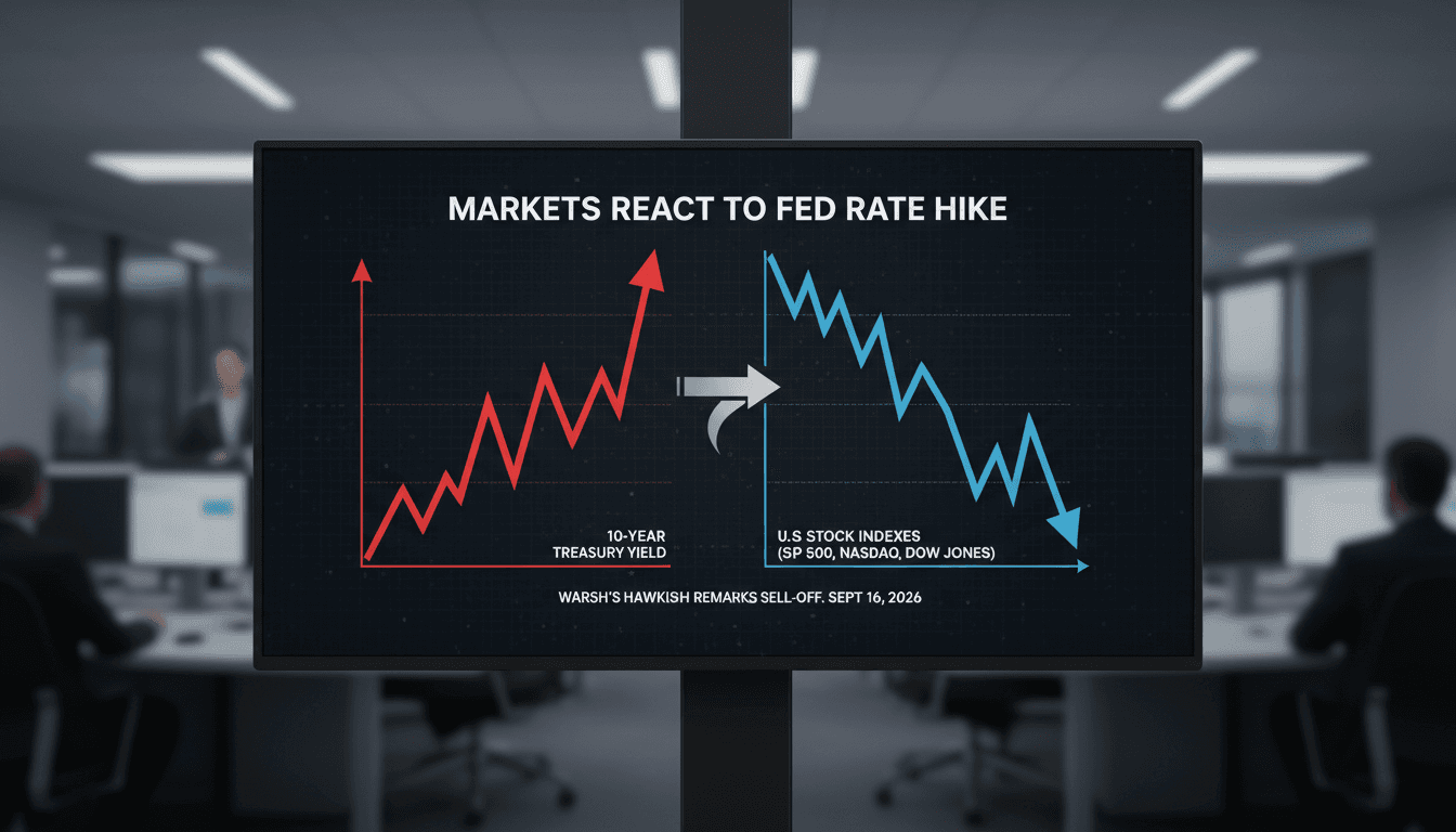 A visual representation of the 10-year Treasury yield spike and declining U.S. stock indexes following Fed Chair Warsh's remarks.