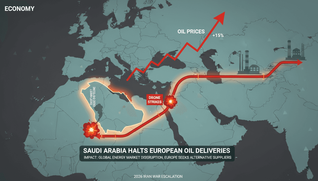 Infographic showing the East-West pipeline route and the impact of drone strikes on oil prices.
