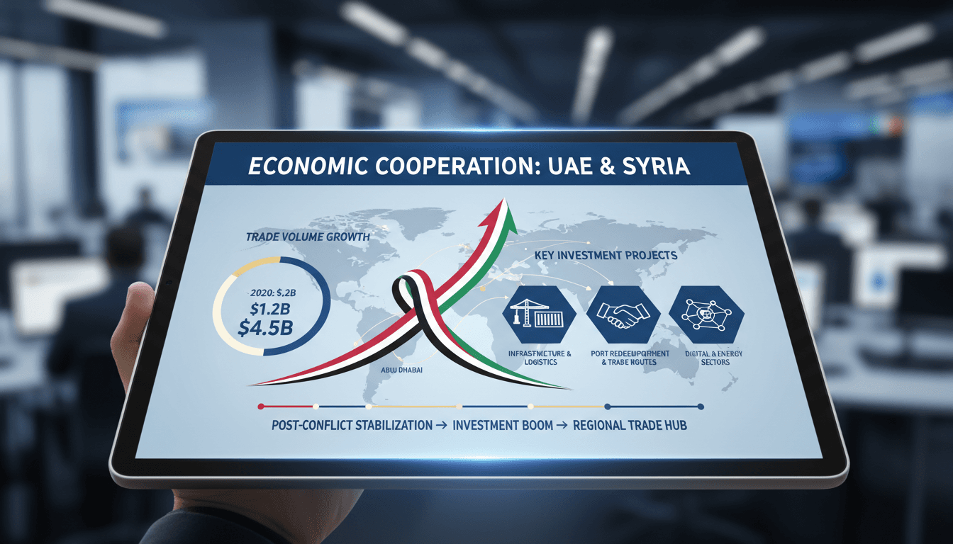Infographic illustrating the growth in trade between Syria and the UAE, highlighting key investments and economic opportunities.