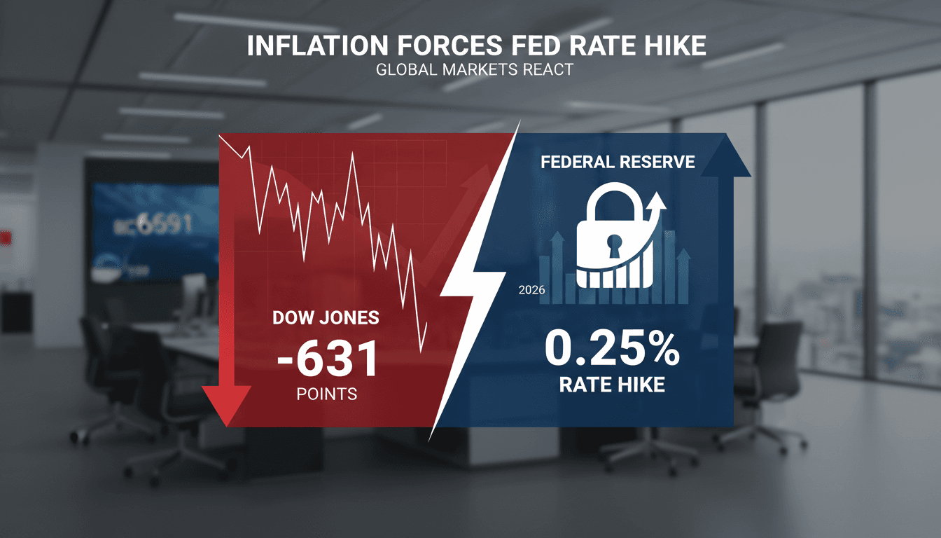 A graphic illustrating the Federal Reserve's interest rate hike and the resulting Dow Jones decline.