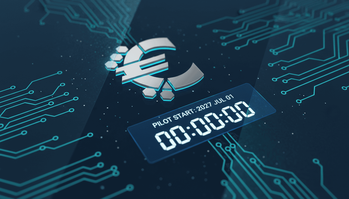 A visual representation of the digital euro logo with a countdown to the pilot launch date.
