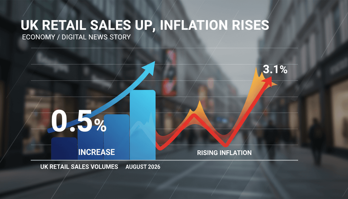 Infographic illustrating the 0.5% increase in UK retail sales volumes amid rising inflation and geopolitical tensions.