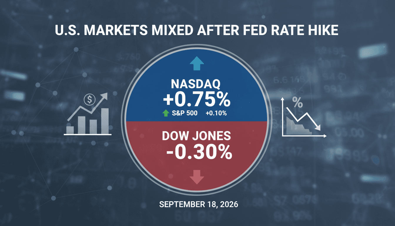 A graphic illustrating the mixed performance of U.S. equity markets after the Federal Reserve's interest rate hike.