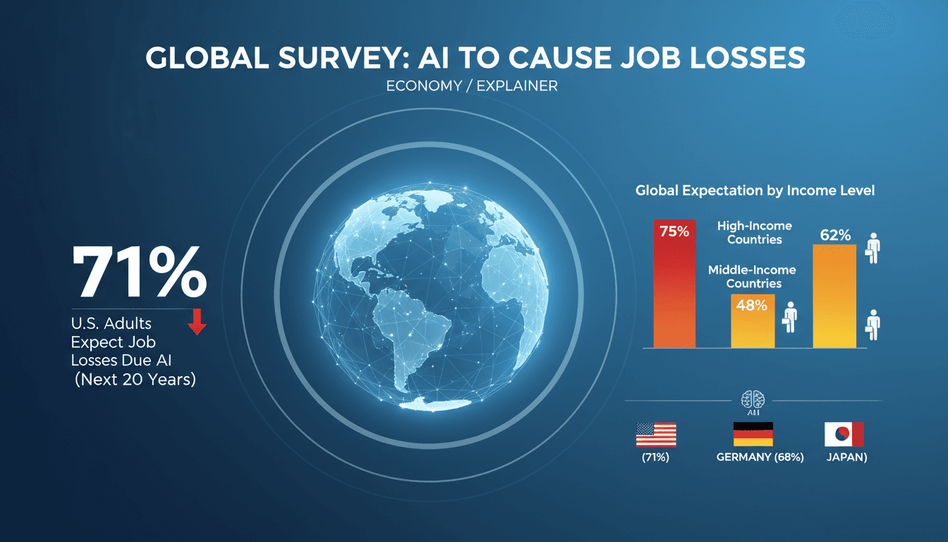 Infographic showing global expectations of AI-driven job losses across income levels and countries.