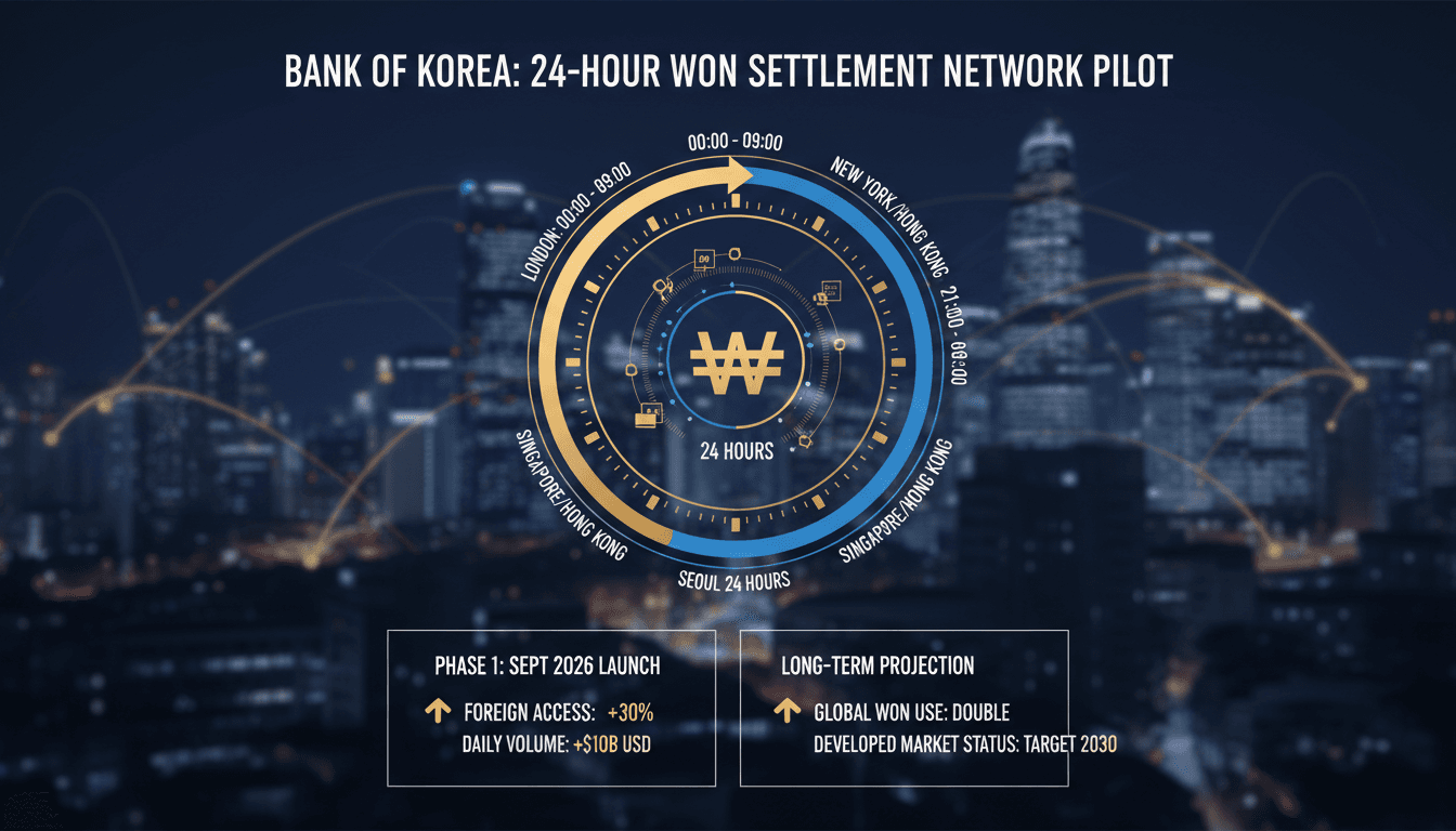 Infographic detailing the Bank of Korea's 24-hour won settlement network and its impact on foreign investment.