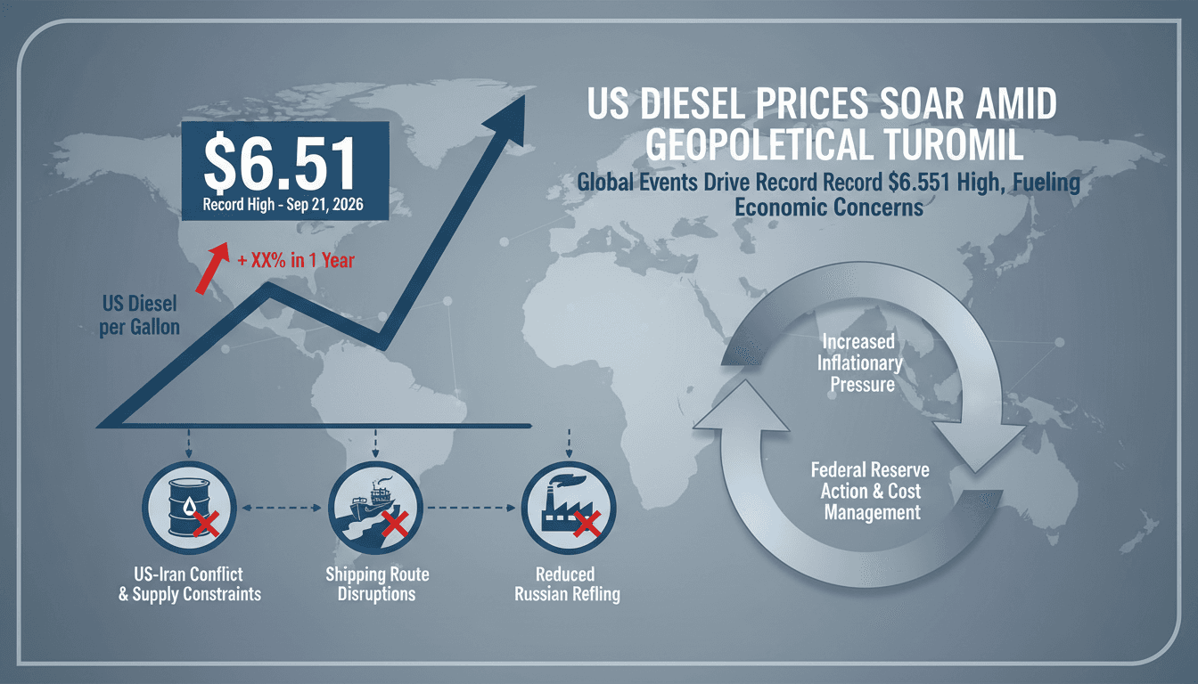 A graph showing the rise in US diesel prices alongside geopolitical events affecting supply.