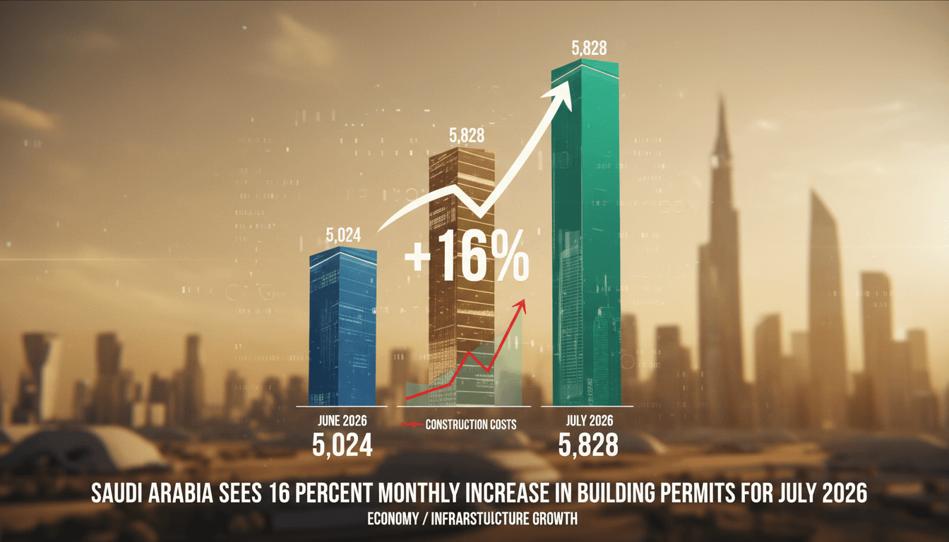 Infographic showing the 16% rise in Saudi Arabia's building permits for July 2026.