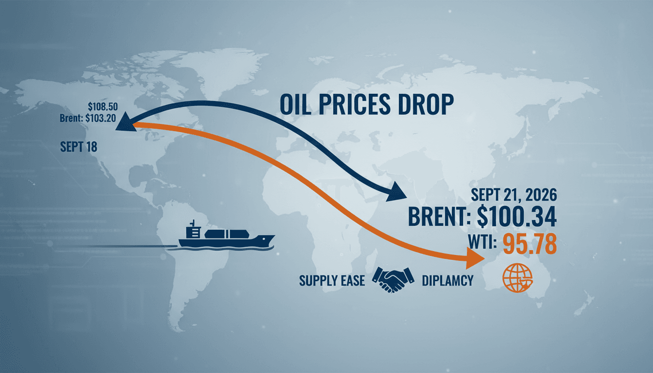 Infographic showing the decline in oil prices, highlighting Brent and WTI benchmarks.