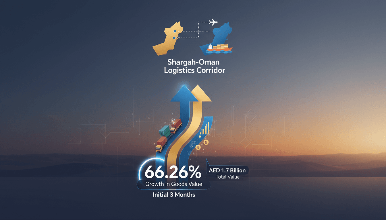 Infographic showing the growth of the Sharjah-Oman logistics corridor, highlighting key statistics and operational success.