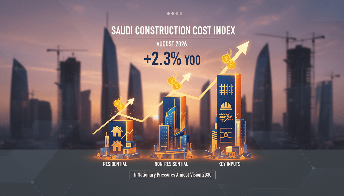 Infographic showing the rise in Saudi Arabia's construction costs, highlighting key sectors and trends.