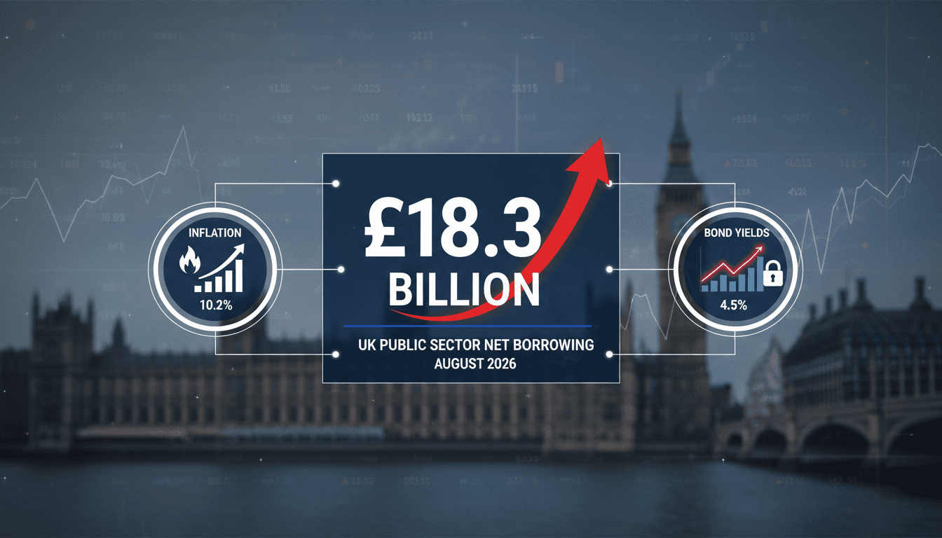 Infographic showing UK public sector net borrowing of £18.3 billion with inflation and bond yield data.