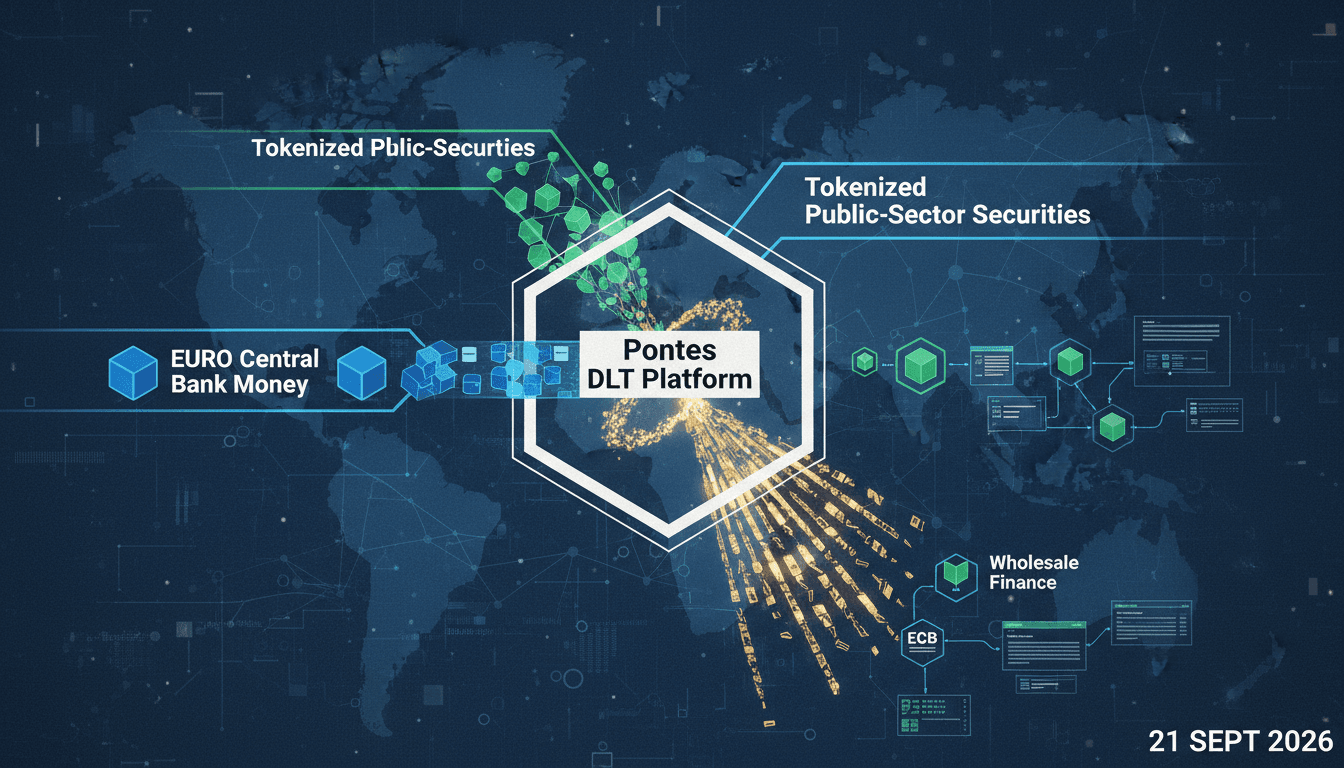 Infographic showing ECB's investment in tokenized public-sector securities and the Pontes DLT platform.