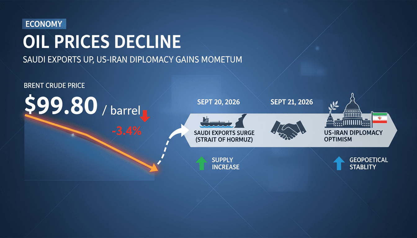 A graphic showing the decline in Brent crude prices and the impact of Saudi exports and US-Iran diplomacy.