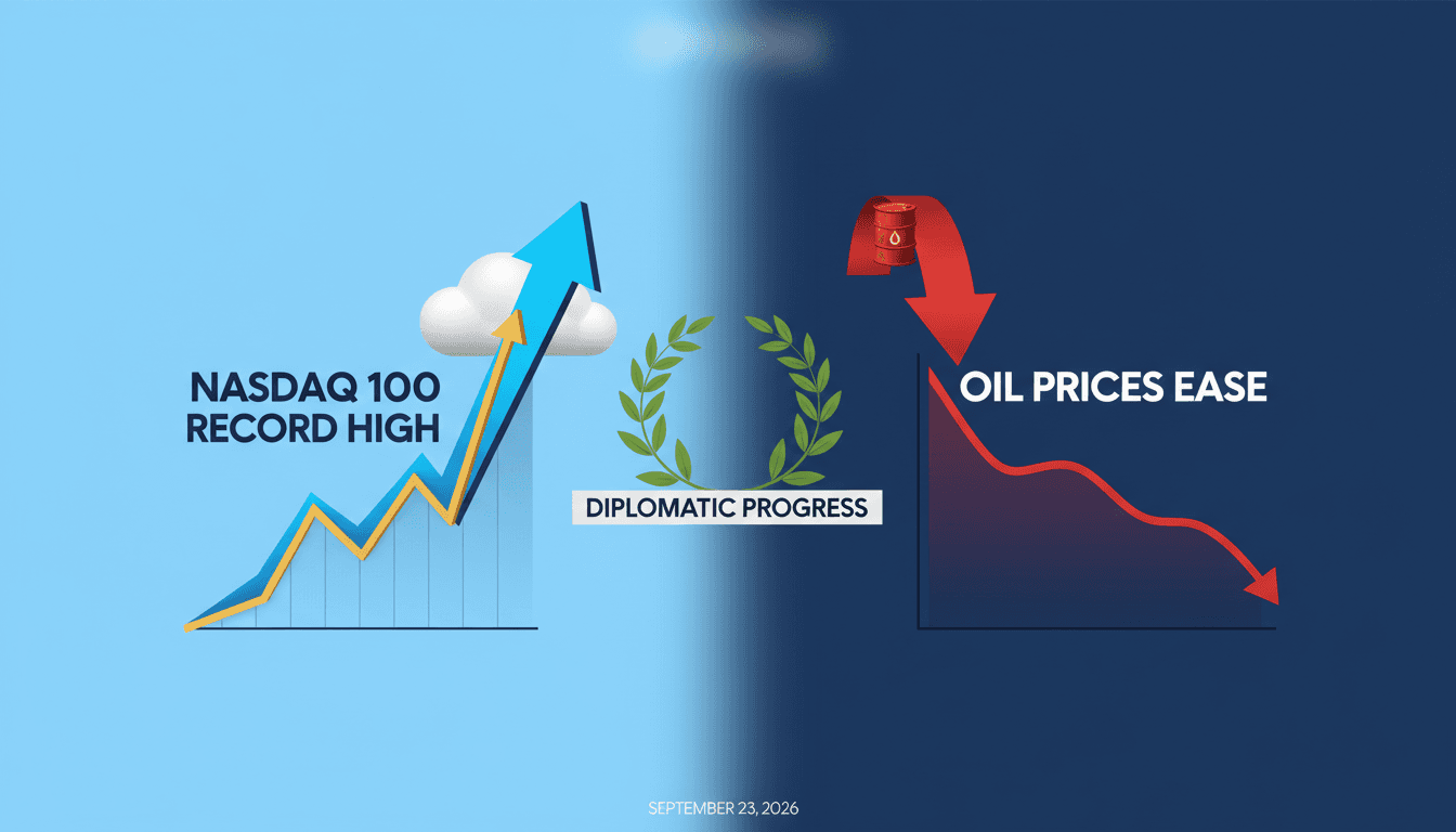 A visual representation of Asian equity markets rising alongside a graph of declining oil prices and the Nasdaq 100's record high.
