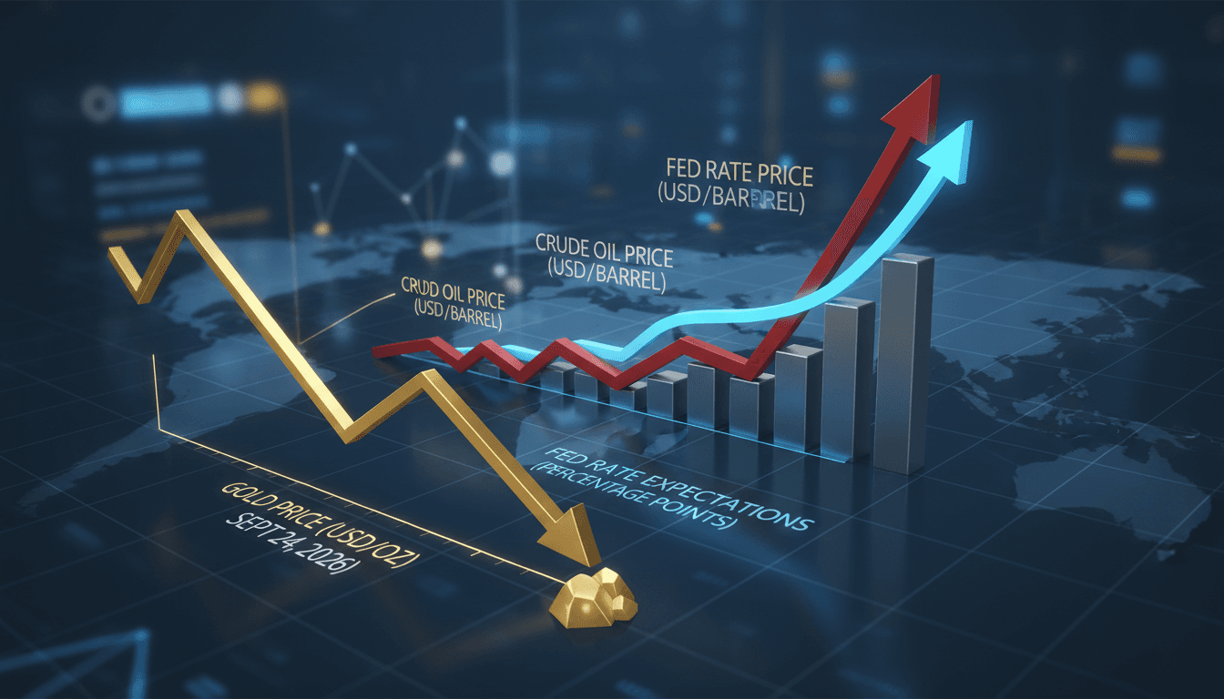 A chart showing the relationship between gold prices, oil prices, and Federal Reserve interest rate expectations.