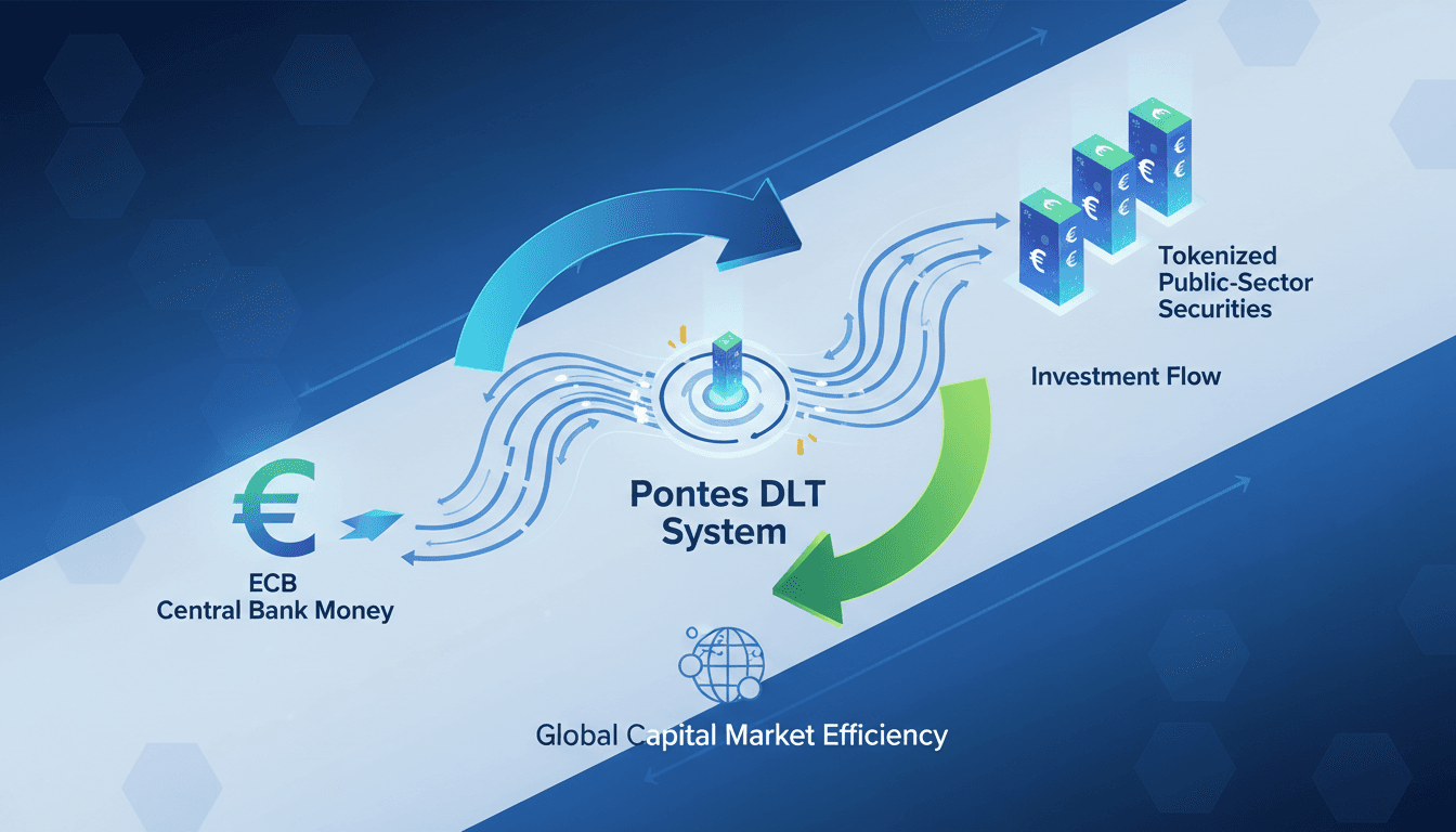 Infographic showing the ECB's investment in tokenized public-sector securities and the Pontes DLT system.