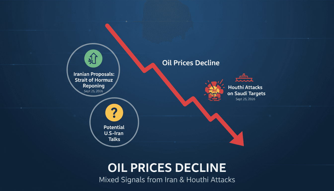 A graphic illustrating the decline in oil prices and geopolitical events affecting the Strait of Hormuz.