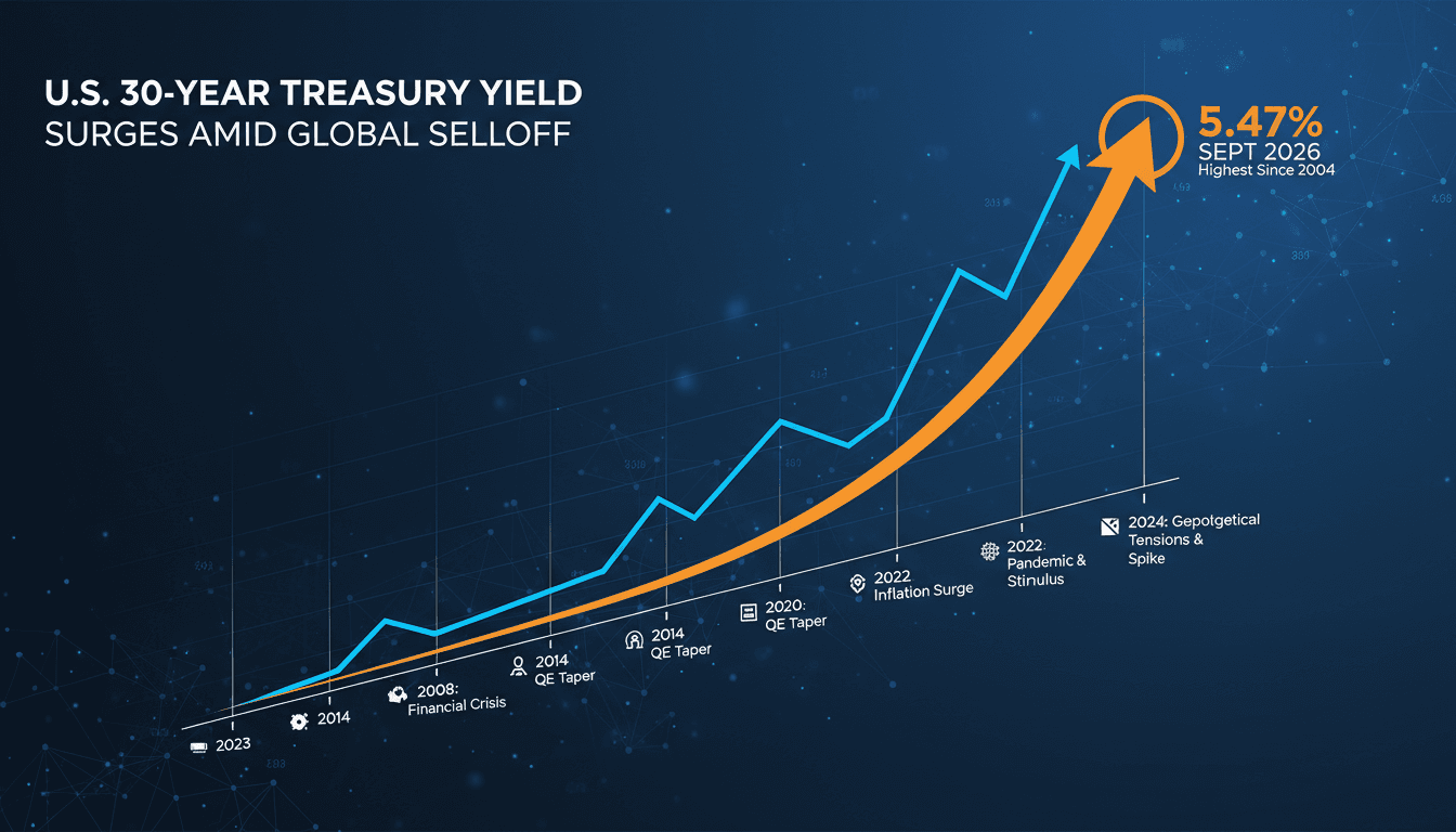 A chart showing the rise of U.S. Treasury yields since 2004, highlighting economic and geopolitical factors.