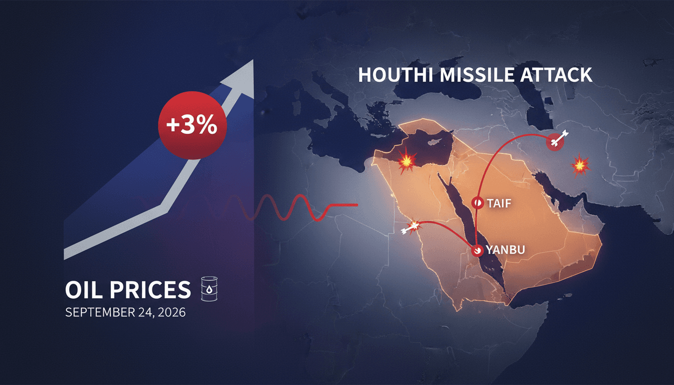 A map showing the locations of the Houthi missile attack in Saudi Arabia and the rise in oil prices.