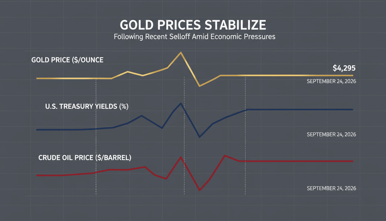 A chart depicting gold price fluctuations alongside U.S. Treasury yields and oil prices.