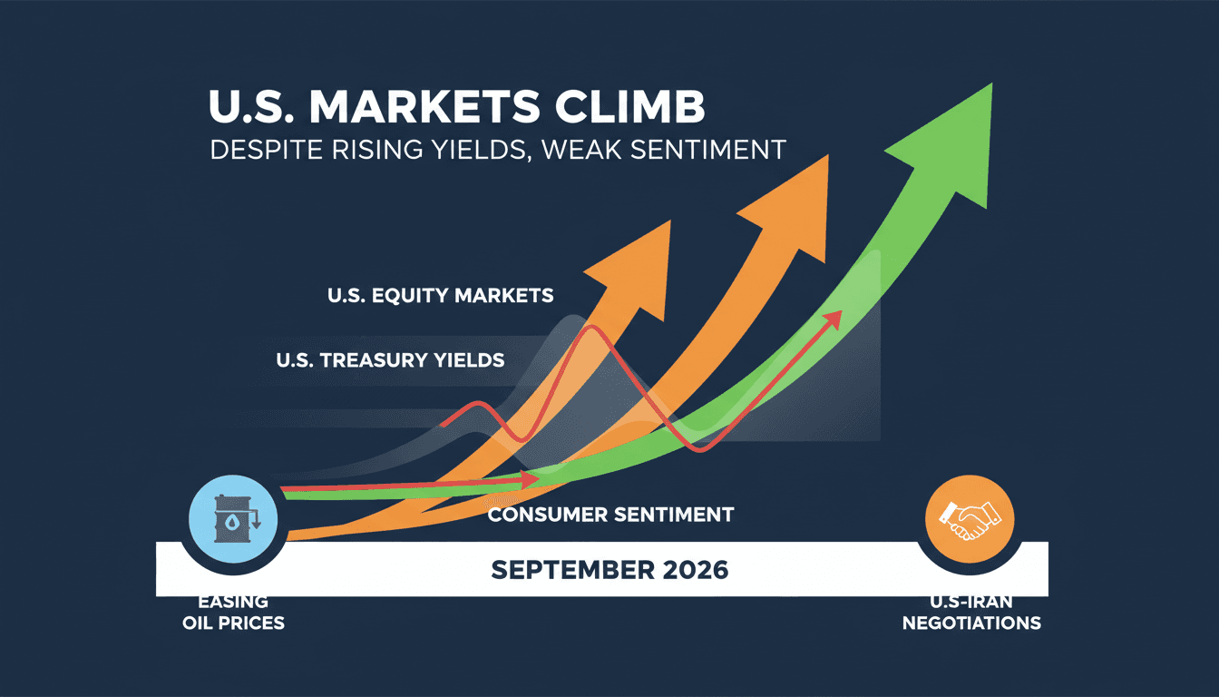 A graphic illustrating U.S. equity market gains alongside rising Treasury yields and consumer sentiment trends.