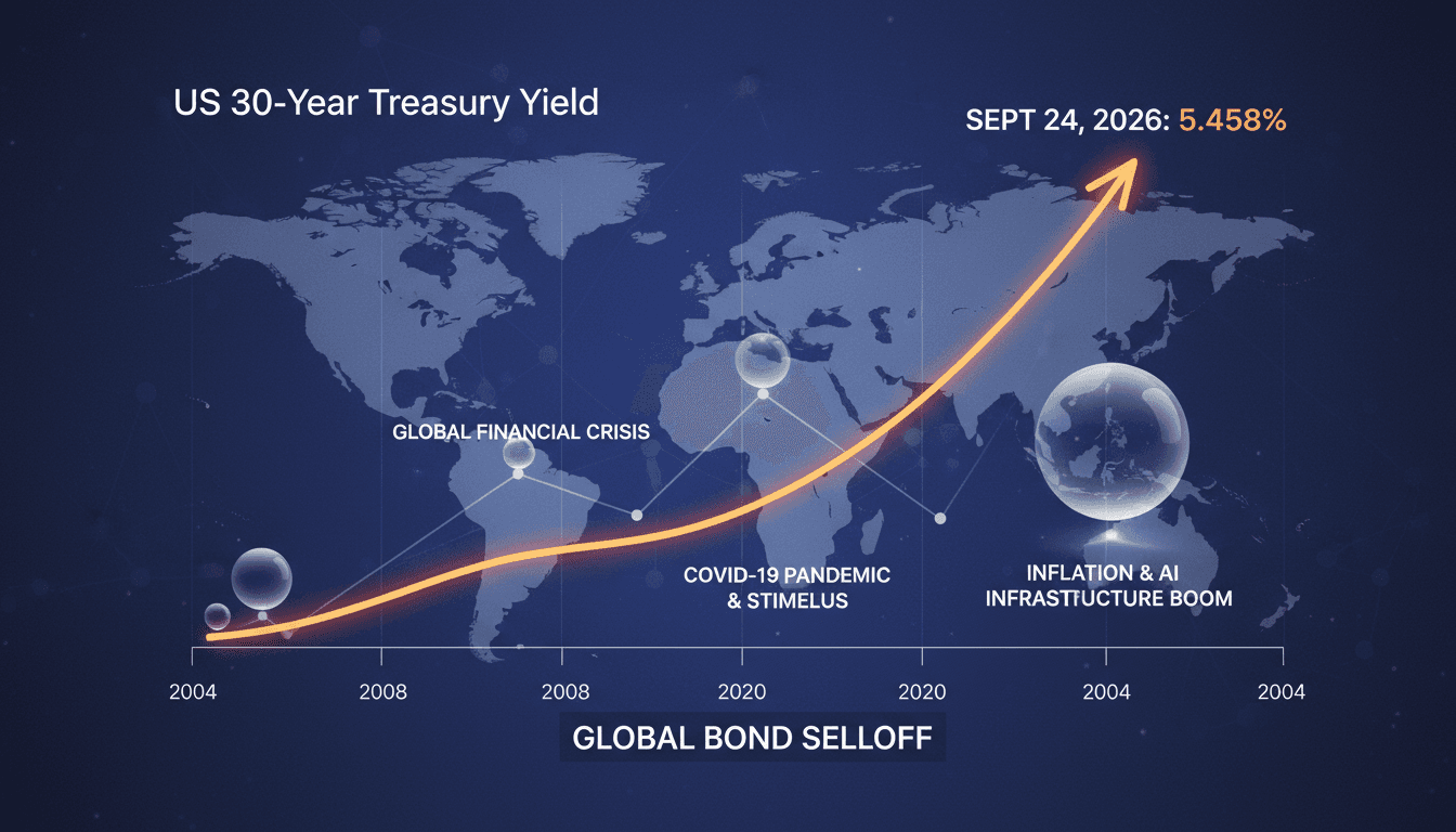 A chart showing the rise of US Treasury yields, emphasizing the peak at 5.458% in 2026.