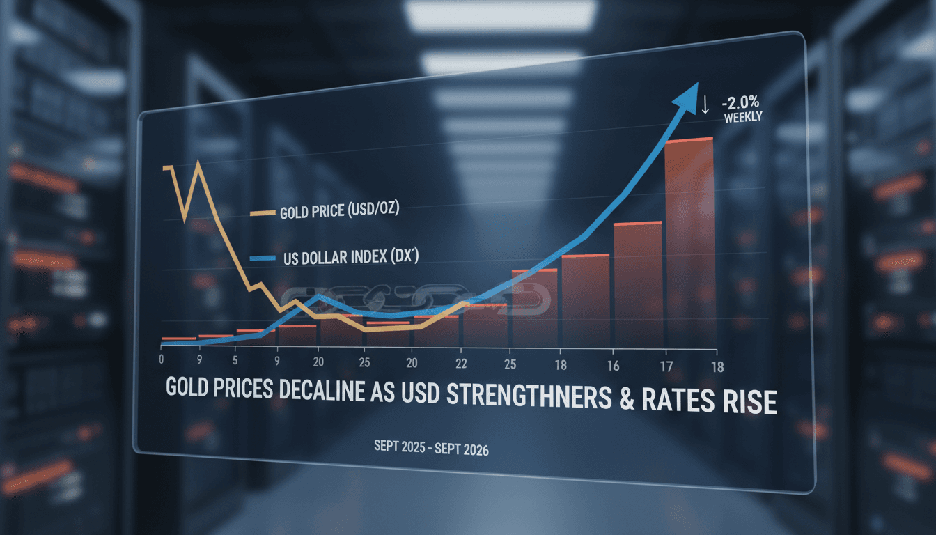 A chart showing the decline in gold prices alongside the strengthening US dollar and Federal Reserve interest rate changes.