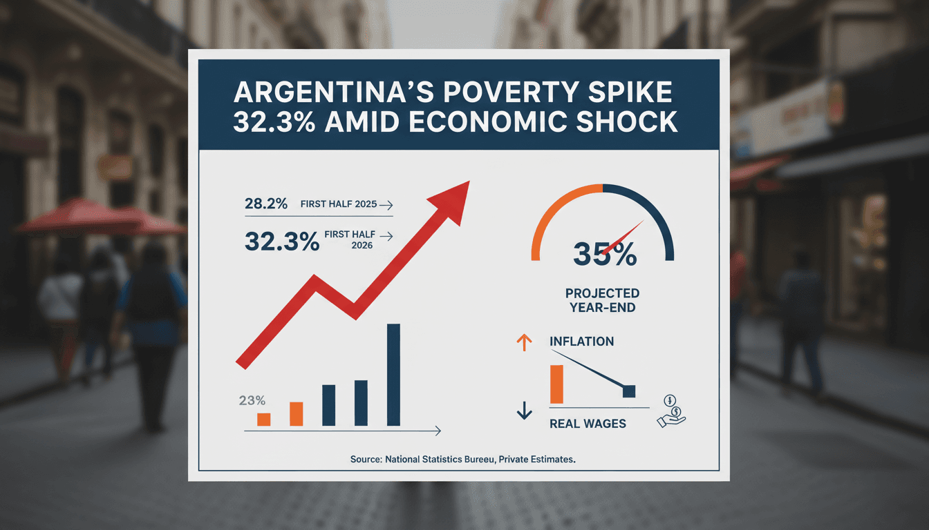 Infographic showing Argentina's rising poverty rate and economic indicators for 2026.