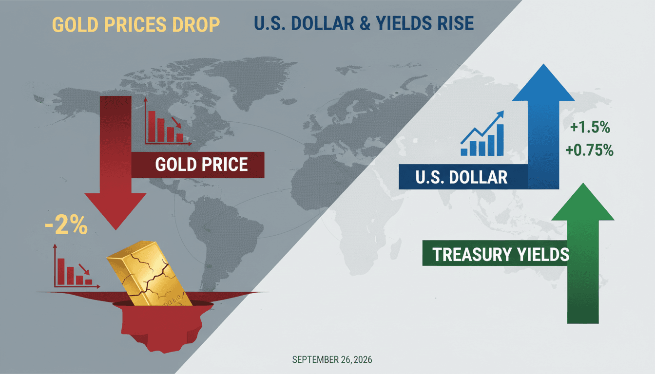 A chart illustrating the decline in gold prices alongside rising U.S. Treasury yields and dollar strength.
