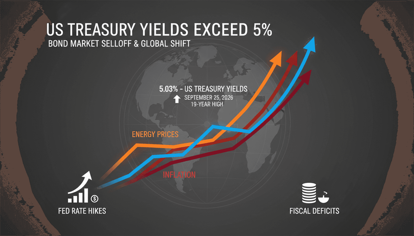 A graph showing the rise of US Treasury yields above 5%, highlighting economic factors like inflation and energy prices.