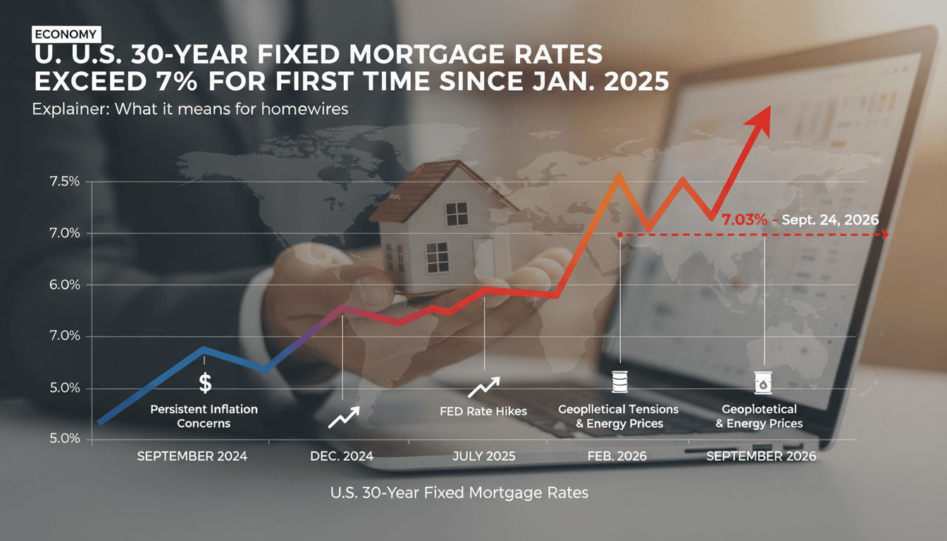 A chart showing the rise of U.S. mortgage rates above 7%, with economic indicators and trends.