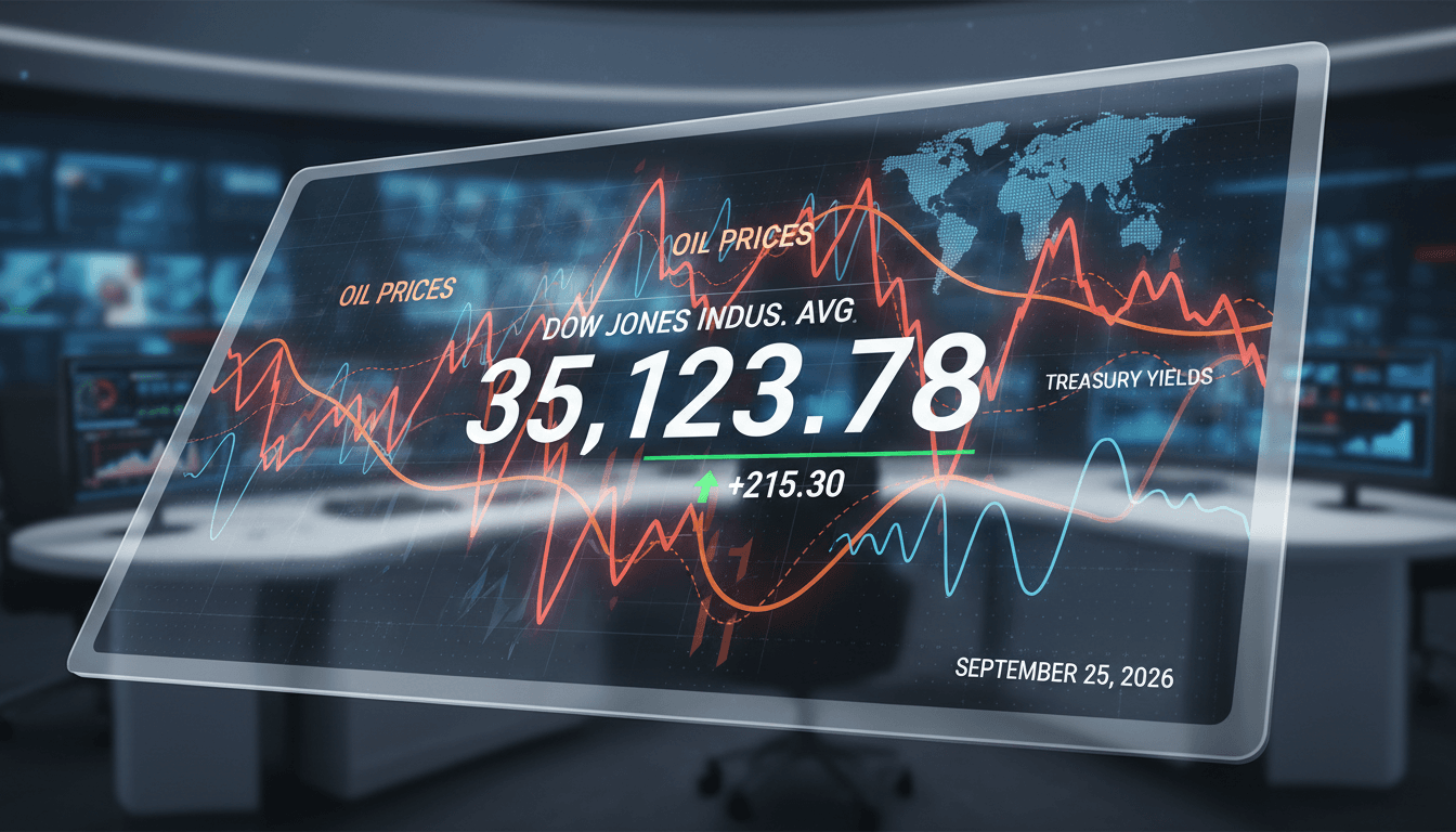 A graphic showing the Dow Jones Industrial Average's rise against a backdrop of fluctuating oil prices and Treasury yields.